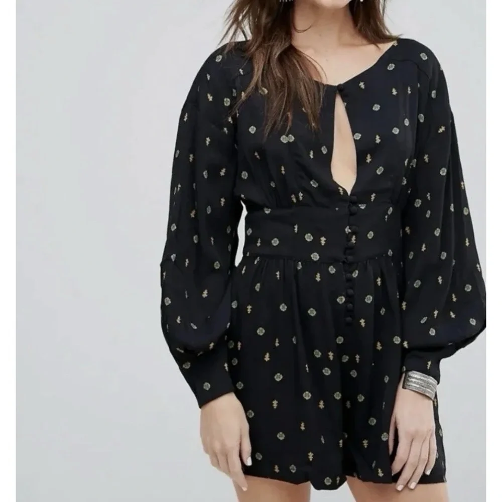 Free People Love Grows Romper Printed‎ Lg Black Keyhole Boho Jumpsuit